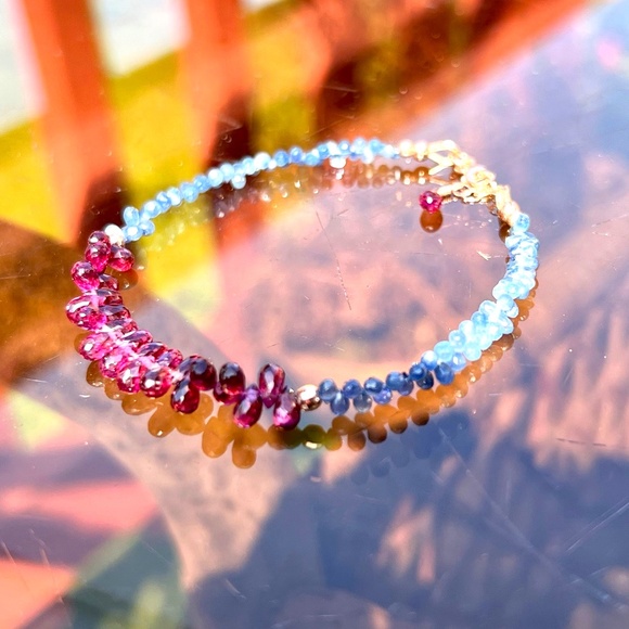 Handcrafted Natural Rhodolite Garnet Sapphire Bracelet Solid 14K Rose Gold - Picture 6 of 10